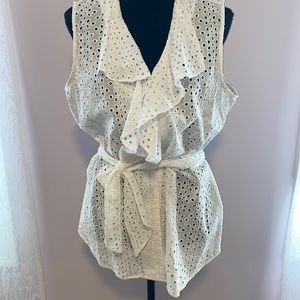 Y2K White Button Up and Tie Floral Embroidery Stiching